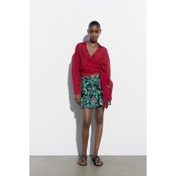 NWT Zara Multicolored Floral Print Linen Blend High Waisted A-Line Mini Skirt - Picture 2 of 15